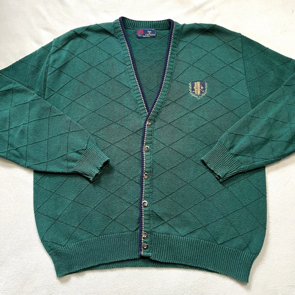 Vintage Isle of Cotton XL Emerald Green Grandpa Sweater Cardigan Academia Golf